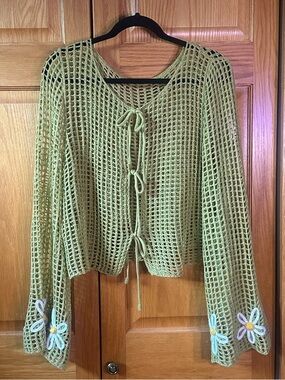 Cider Light Green Crochet Tie-Front Cardigan with Flowers